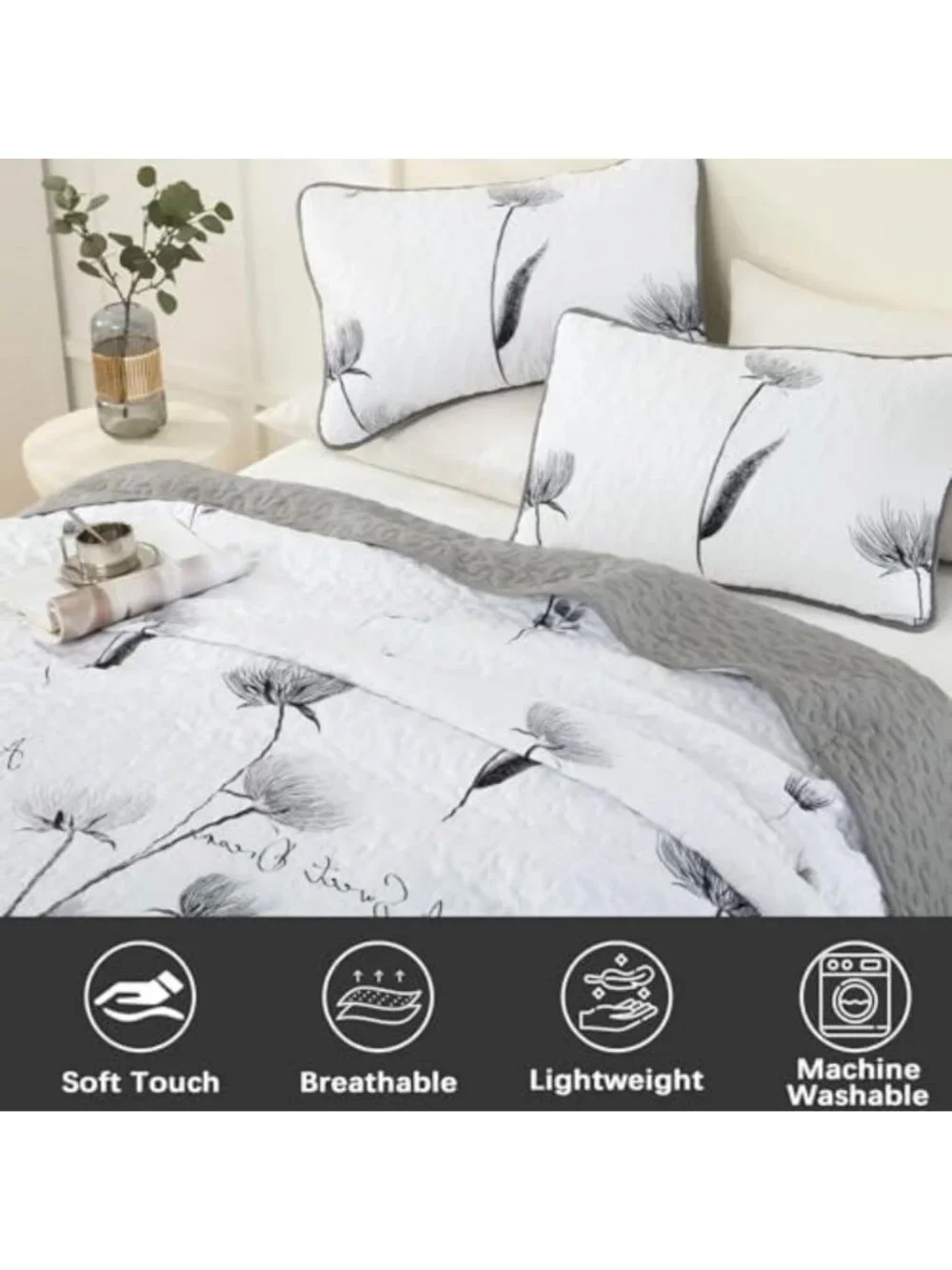 California King Floral Quilt Set - Cute Grey Flower Bedspread & Shams